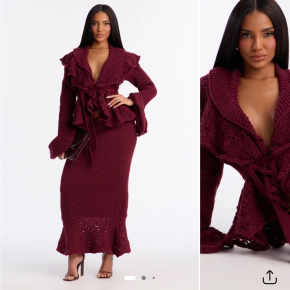Fashion Nova Dresses & Skirts - Martie Ruffle Sweater Maxi Skirt Set - Burgundy